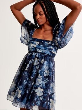 Abercrombie & Fitch Blue Floral Puff Sleeve Mini Dress Cottagecore Romantic Size